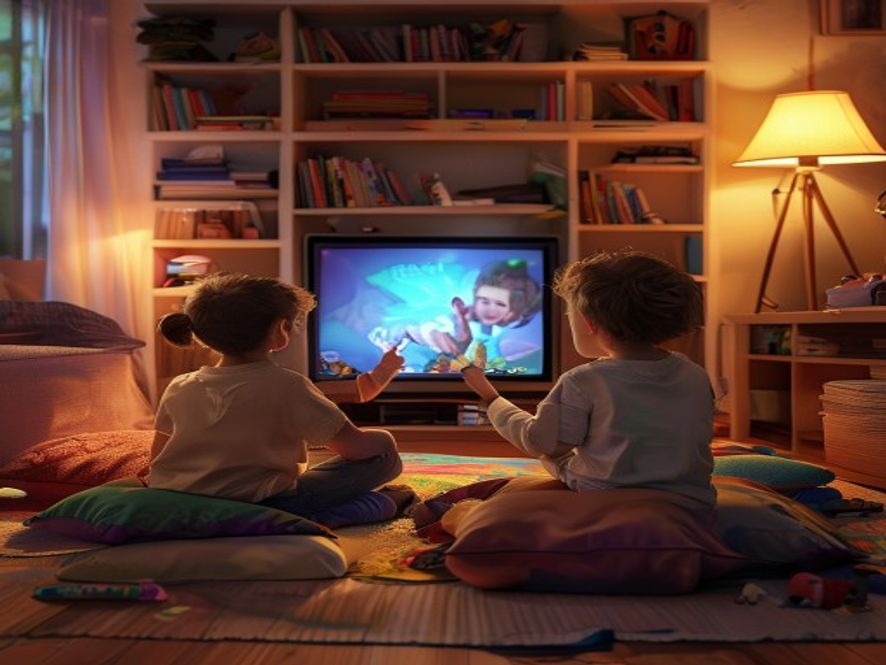 Kids watching TV together in a cozy living room